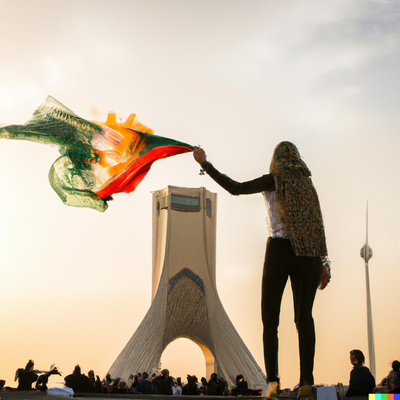 DALL·E 2022-09-30 15.00.03 - woman standing in front of Azadi Tower in Tehran, holding her burning scarf in the air, surrounded by riot police.png