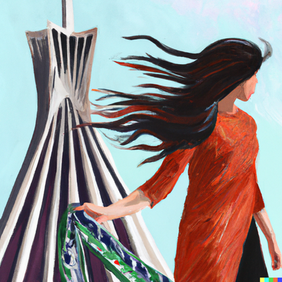 DALL·E 2022-09-30 15.07.18 - painting of a woman standing in front of Azadi Tower in Tehran, holding her scarf up in the air, with her hair blowing in the wind.png